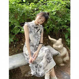 新中式改良旗袍文艺小清新少女夏季轻国风学院风山水画印花连衣裙