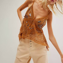 2025年欧美跨境新款性感透视露背诱惑休闲遮肉潮流烫钻吊带小背心