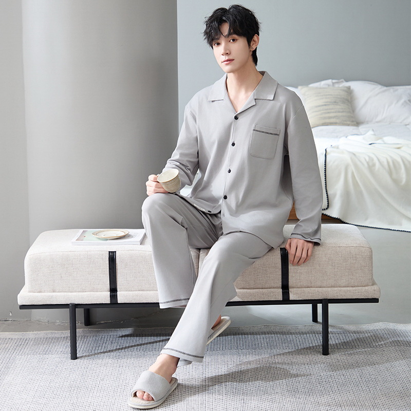 Pijama de hombre primavera y otoño algodón de manga larga juvenil suelto más grande cardigan a rayas con collar conjunto de ropa de casa