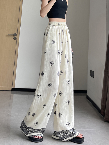 Ice Silk Cotton Linen Wide Leg Pants for Women Summer 2025 Thin Lengthened Print Linen Draped Drawstring Casual Pants