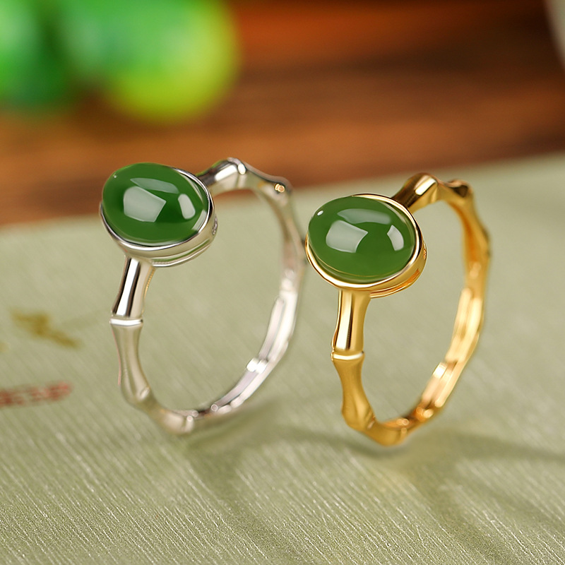 Nhẫn bạc S925 mạ vàng phong cách cổ điển hình trứng khắc họa tiết tre — Kiểu mạ bạch kim
