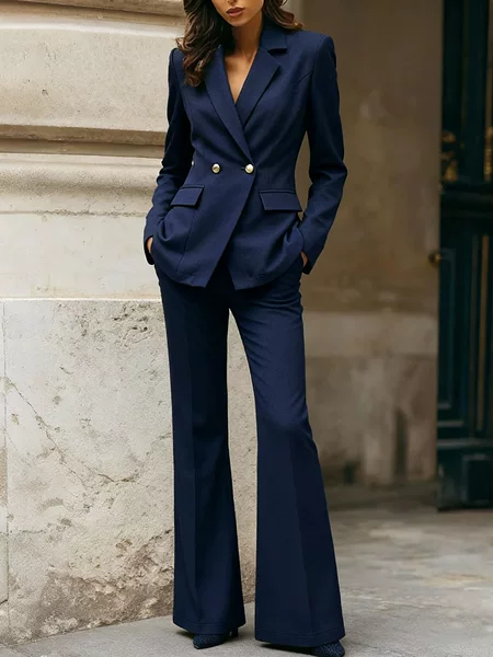 2025 European and American Autumn Hot-Selling Elegant Goddess-Style Long-Sleeve Slim-Fit Suit with Double-Breasted High-Waisted Flared Pants Set