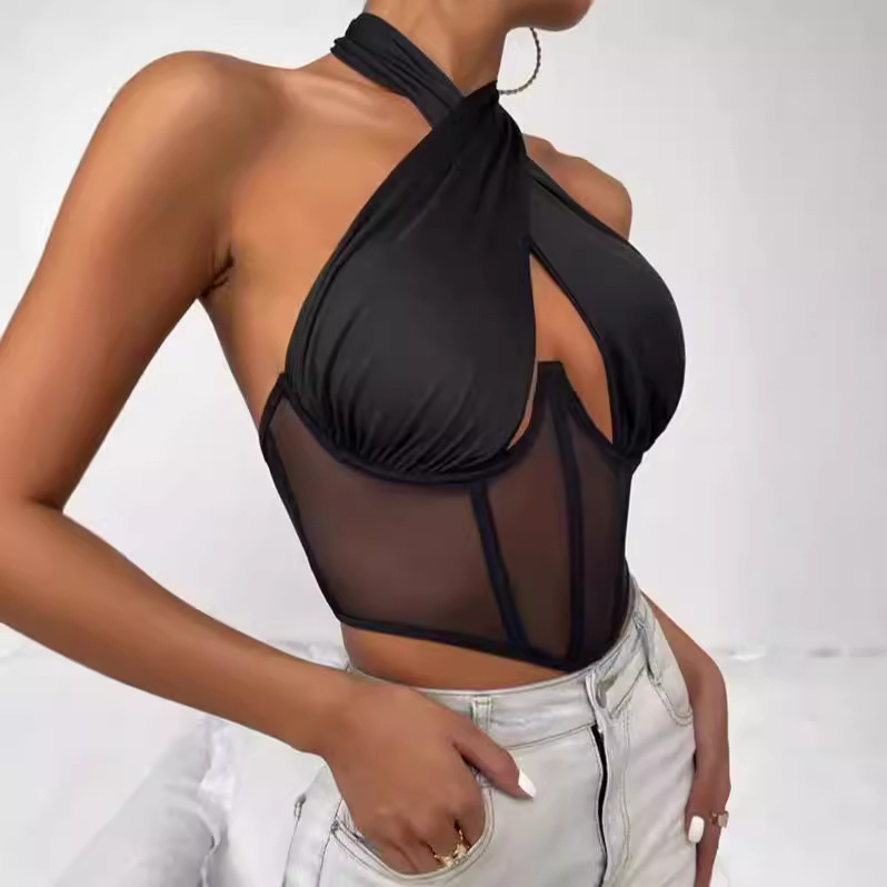 Cross-border Foreign Trade Mesh Beauty Chest Hanging Neck Tie-wrap Chest Sexy Spice Girl Fish Bone Steel Ring Outer Wear Backless Vest