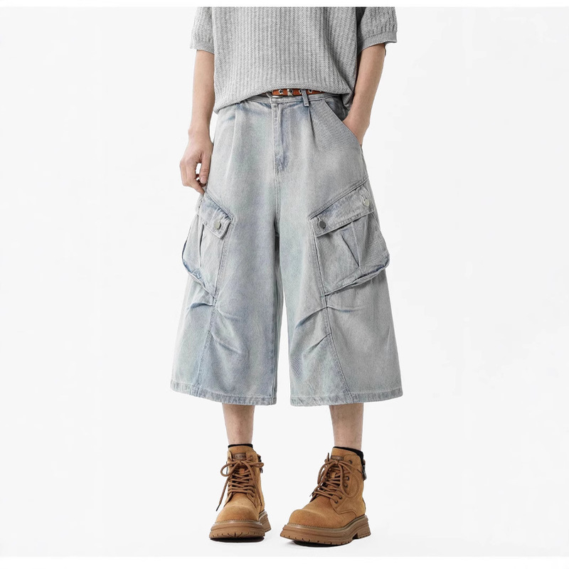 American Retro Wide-Leg Washed Denim Cropped Pants for Men High Street Straight Loose Multi-Pocket Cargo Shorts Men's Trendy