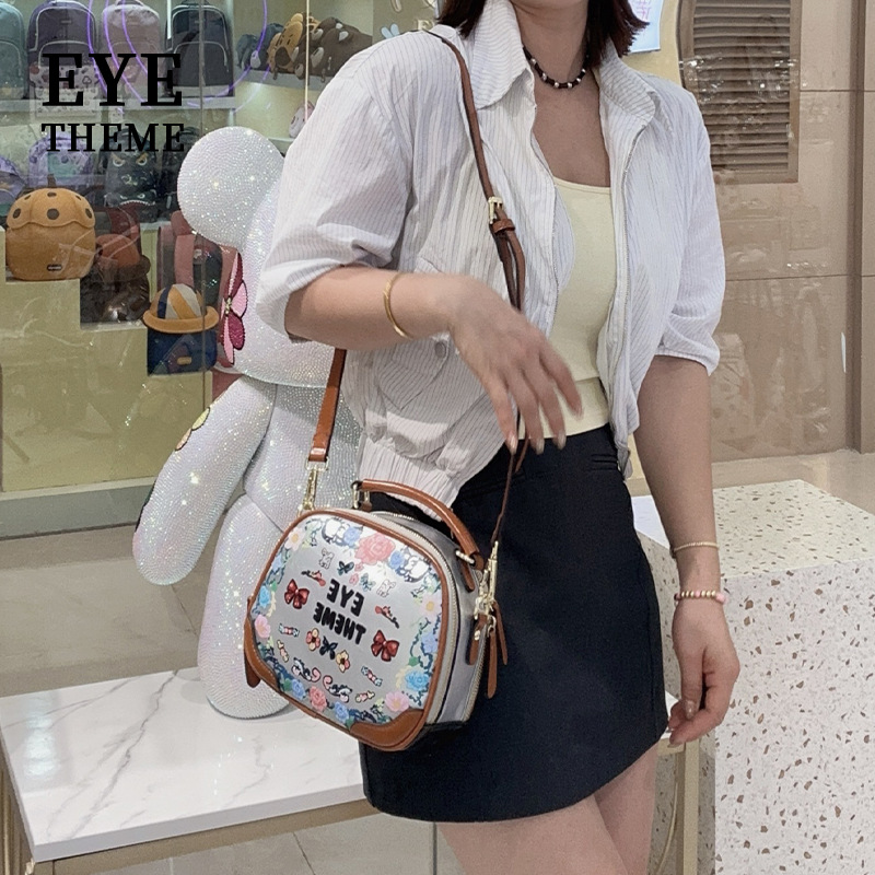 Damas lindas bolsas redondas bordadas de color contraste impresión de bigotes Zipper bordado brazalete PU bolsas nobles 2821 #