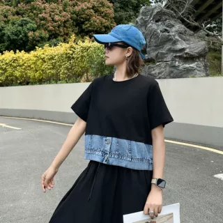 260382 设计感假两件短袖T恤拼接牛仔法式气质显瘦撞色百搭上衣潮
