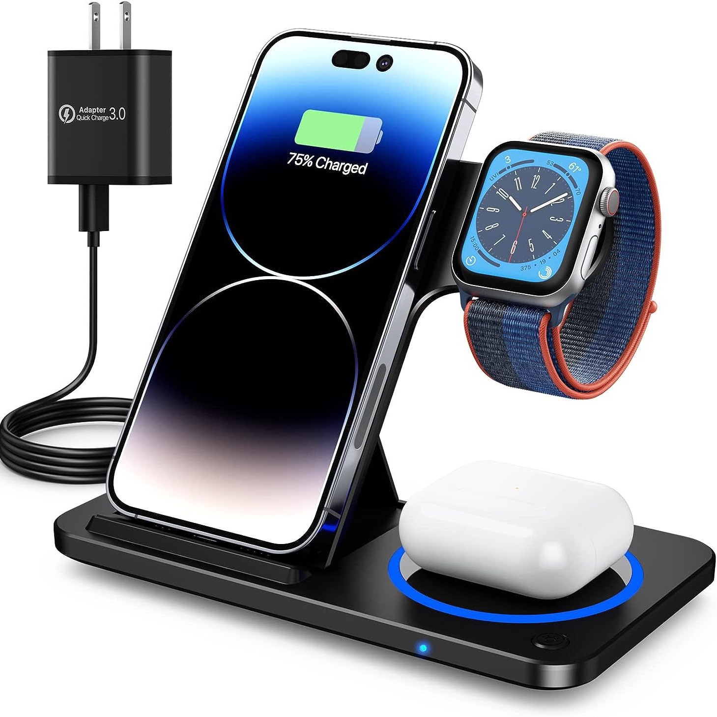 Cargador inalámbrico tres en uno plegable multifuncional, auriculares de carga de 15W, reloj para teléfono móvil, carga inalámbrica rápida simultánea