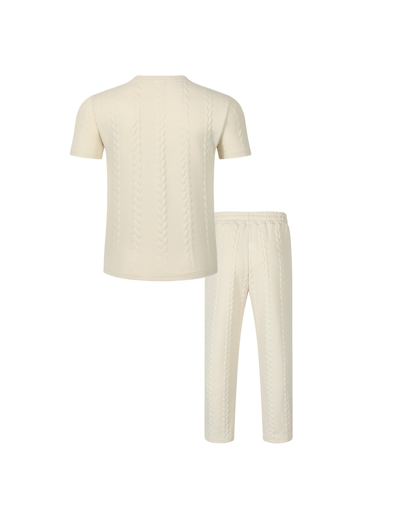 Men's Cable Knit Solid Color Jacquard Pullover Crew Neck Short Sleeve Trousers Casual Suit American Style Autumn New_viptrois.com