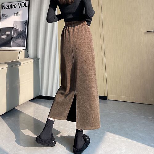 Korean woodwool mid-length dress, multicoloured women's autumn and winter high waist, slimming back split mid-length pure color casual skirt