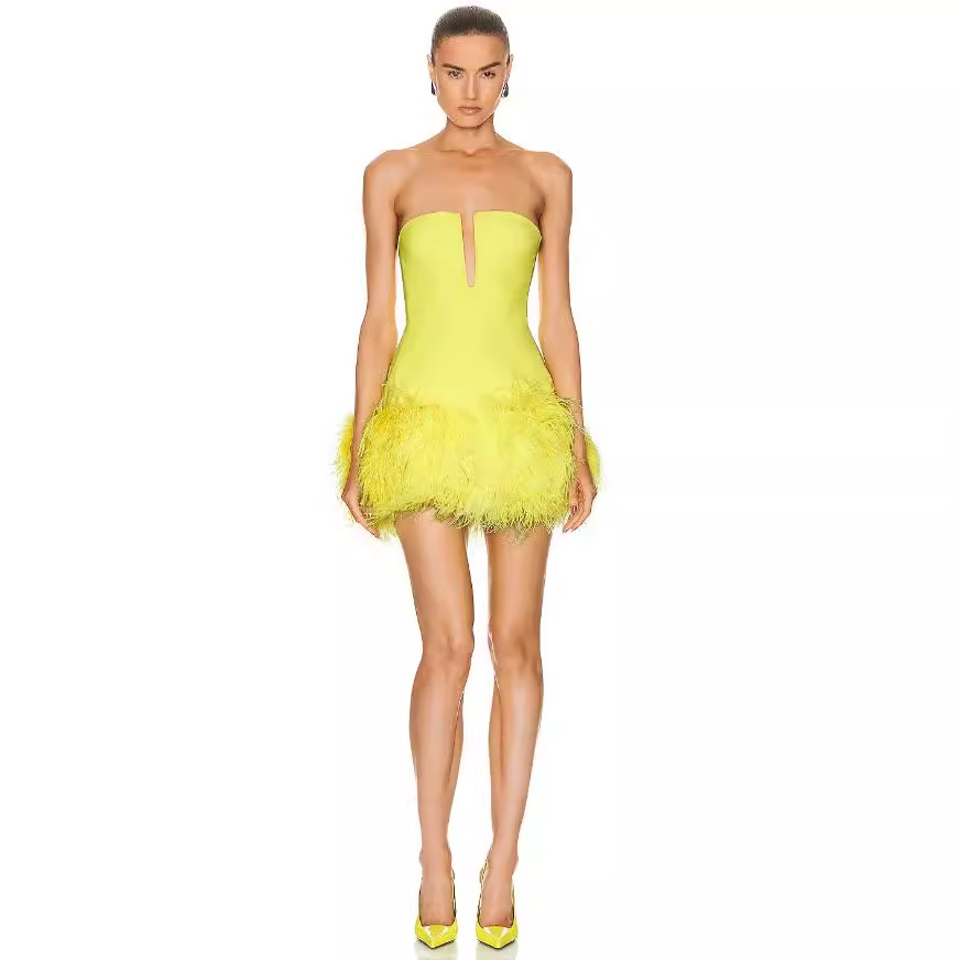 In stock high texture European and American style off-the-shoulder off-the-shoulder collar deep V tube top skirt ostrich fur sheath dress bandage dress