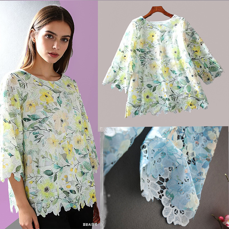 Cross-Border Plus-Size Women's Clothing Wholesale: Gentle Style, Heavy Embroidery, Collarless, Loose, Casual, Slimming Lace Spring/Summer Shirt Cross-Border Plus-Size Women's Clothing Wholesale: Gentle Style, Heavy Embroidery, Collarless, Loose, Casual, Slimming Lace Spring/Summer Shirt
