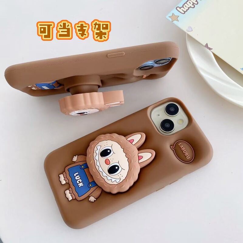 漫画風のかわいいラブブ付きスタンド付きスマホケース、Apple iPhone16/15/13/14対応、シリコン製、滑り止め|undefined