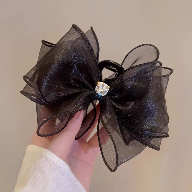 Advanced Satin Satin Big Black Bowknot Clip de tiburón Tocado Diamante cuadrado Horquilla en la parte posterior de la cabeza Clip de agarre Horquilla femenina