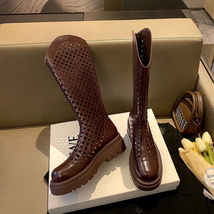 Boot nữ da bò đế dày cổ cao ống lưới — Màu nâu ống lớn, Màu đen cổ ống lớn, Ống nhỏ màu đen, Chu vi ống lớn màu trắng Be chi tiết 12
