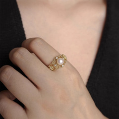 法式復古蕾絲巴洛克珍珠戒指女小眾百搭食指戒輕奢高級感開口指環