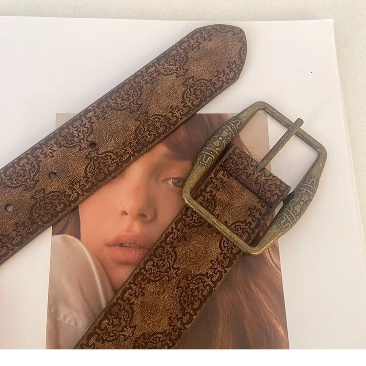 Original Distressed Bronze Belt Women's Belt High-End Retro Embossed Niche Design Y2K Student Brown