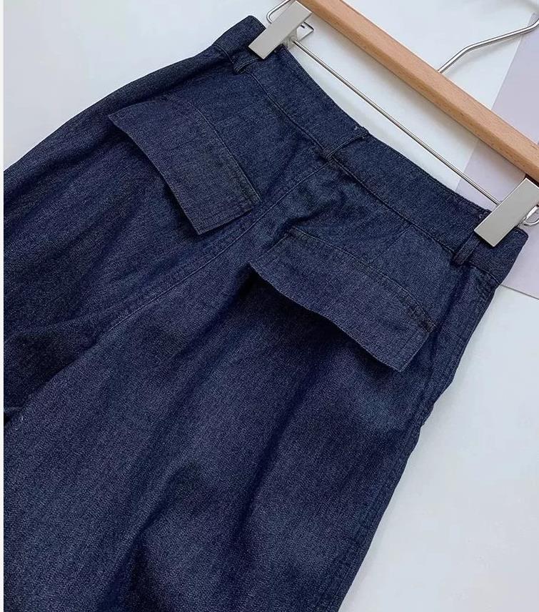 Quần ống rộng vải lanh cotton Yamamoto cạp cao mẫu mới mùa hè 2025 — Màu xanh đậm chi tiết 1