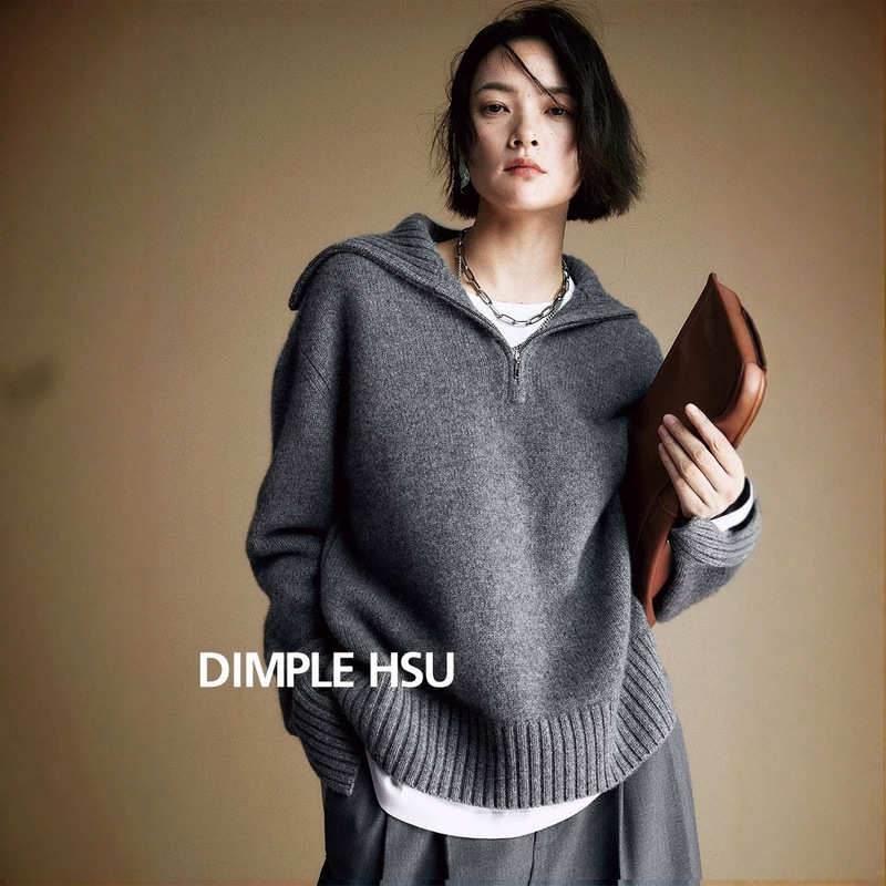 Wool Sweater Half-Zip Pullover Knitwear Top for Women 24 Autumn and Winter New Korean Style Thickeneded Lazy Style Lapel Knitwear