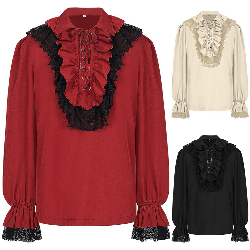 Men Pirate Shirt Ruffled Renaissance Vampire Shirt Steampunk Medieval Lace Clothes