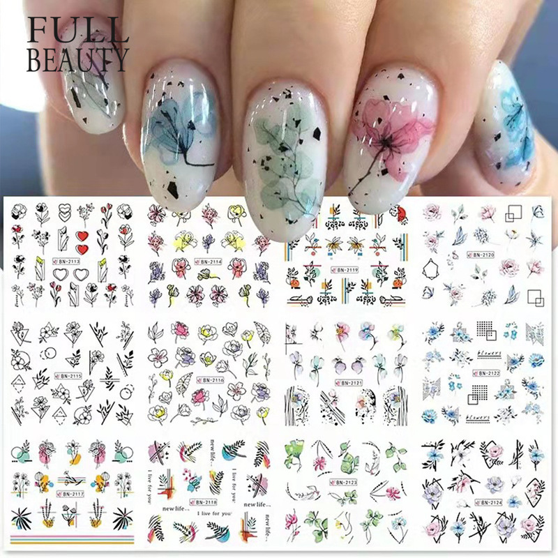 Cross-border New Nail Art Stickers Instagram Spring and Summer Flowers Flower Letter Line Art Series Watermark Nail Stickers