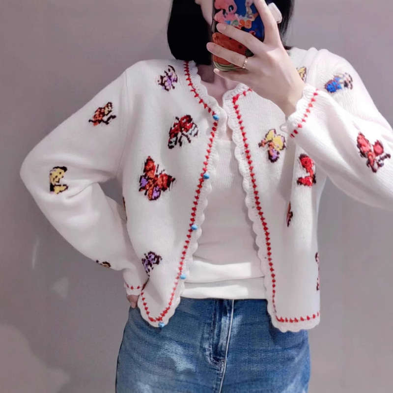 Er~Early Spring New Sweet Age-Reducing Butterfly Embroidered Knitwear Cardigan Round Neck Knitwear Long-Sleeved Jacket for Women