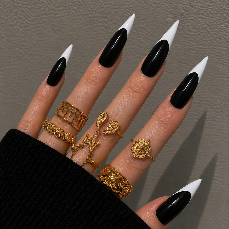 Pd-107 Black and White French Fake Nails, Long Pointed French Style, Simple and Stylish, 24 Pieces Wearable Nails, Wholesale Pd-107 Black and White French Fake Nails, Long Pointed French Style, Simple and Stylish, 24 Pieces Wearable Nails, Wholesale