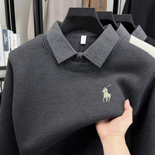 跨境重磅加厚假两件男士卫衣2025秋冬新款时尚翻领休闲针织衫毛衣