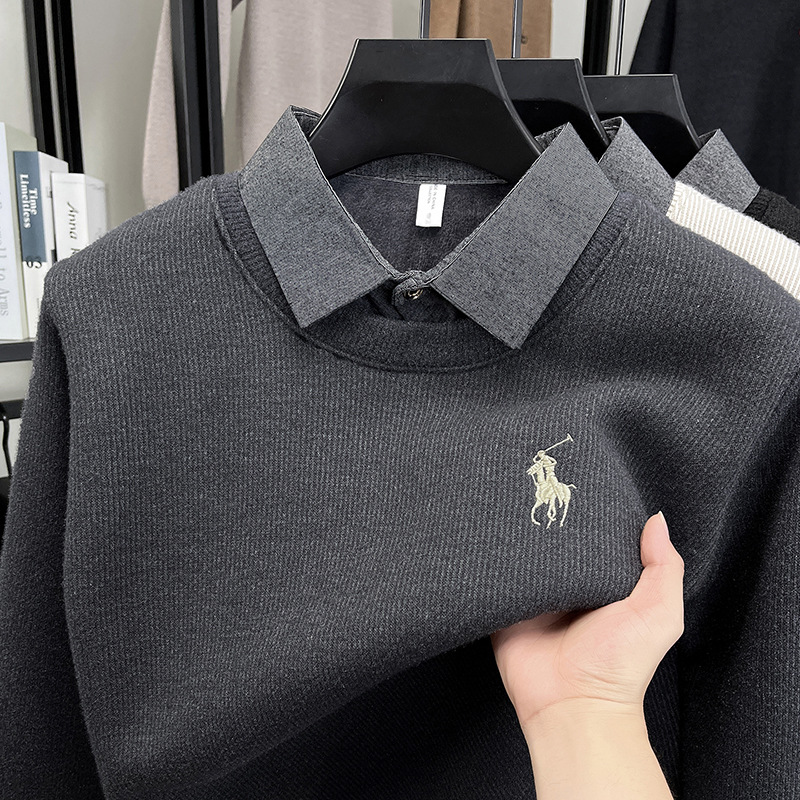 Cross-Border Heavyweight Thickened Fake Two-Piece Men's Sweatshirt 2025 Autumn and Winter New Fashion Lapel Casual Knitwear Sweater