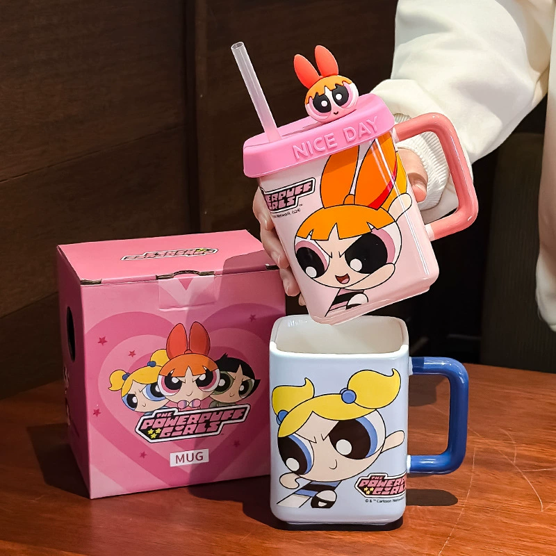 Керамическая кружка Powerpuff Girls 450 мл с крышкой и трубочкой, удобная ручка — подарок
