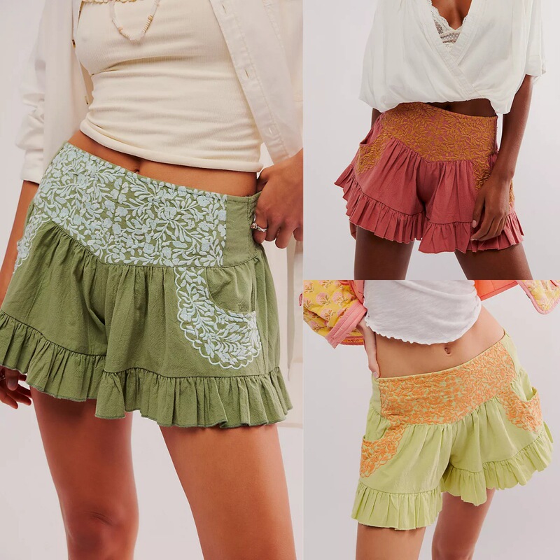 European and American Style Sexy Ruffled Low Waist Embroidered Ruffled Pocket Shorts Sweet Spice Girl Sports Embroidered Pants for Women