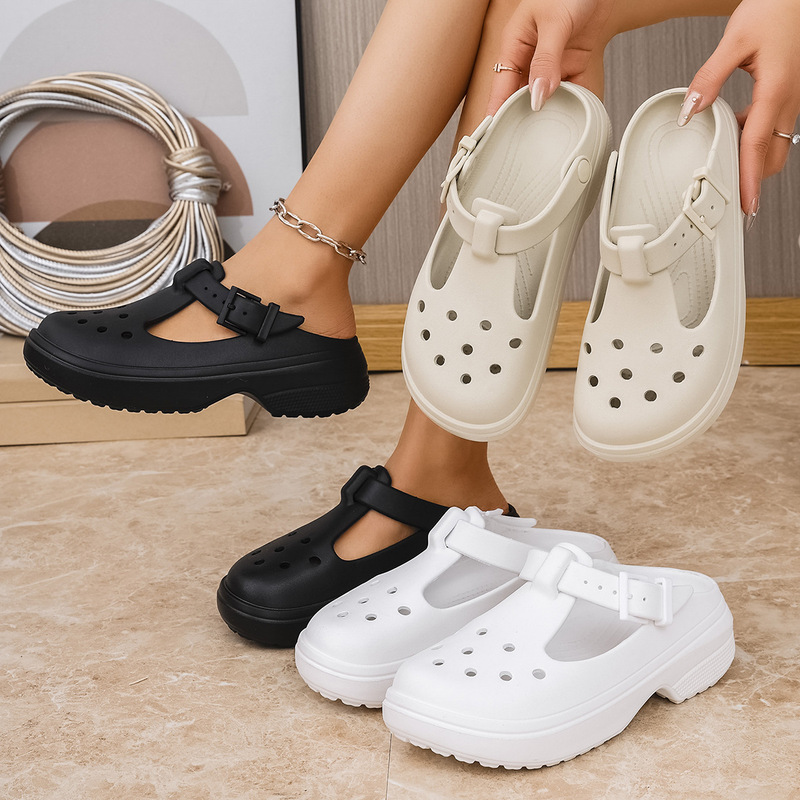 2025 New Mary Jane Hole Shoes Home Outdoor Leisure Beach Shoes Women's Baotou Sandals and Slippers Cross-border Explosions