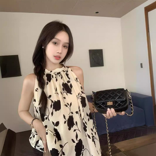 Korean style design vest for women with summer 2024 new style back tie printed temperament pleated chiffon shirt top