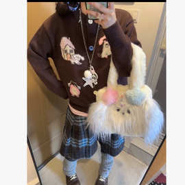 时尚古着女叠穿蓝色格子千禧风y2k甜辣妹花边百搭宽松裤裙潮