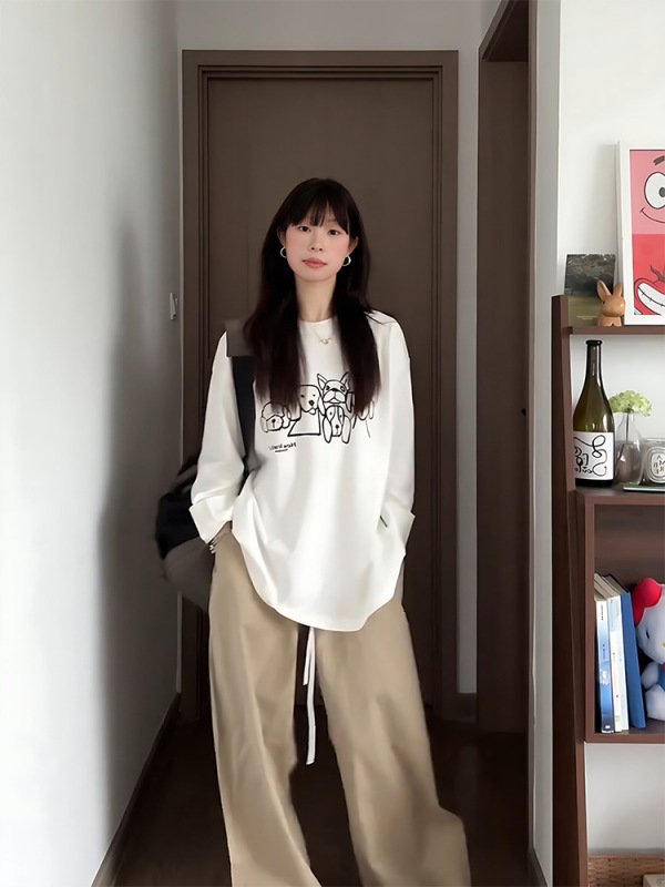 胖mm小狗大码长袖T恤女秋季百搭慵懒风设计感小众韩系打底衫上衣|undefined
