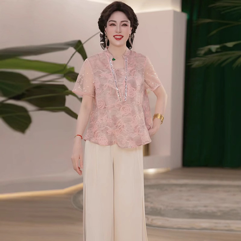 2025年新作夏ママ服薄手おしゃれスーツシャツ中高年女性おしゃれ年齢軽減Tシャツ服|undefined