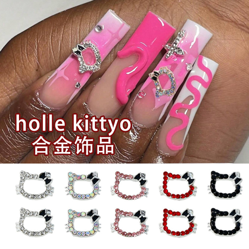 New Hello Kitty alloy nail jewelry hollow KT kitten diamond bow nail decoration accessories wholesale