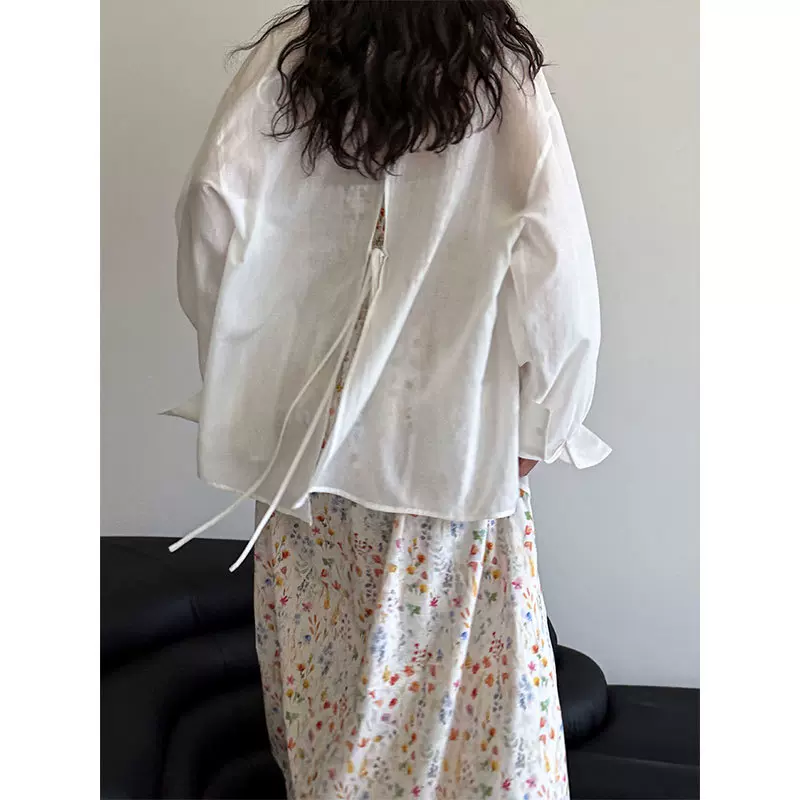 鹿西 设计感天丝后背开叉绑带衬衫女夏装新款长袖防晒薄外套3582