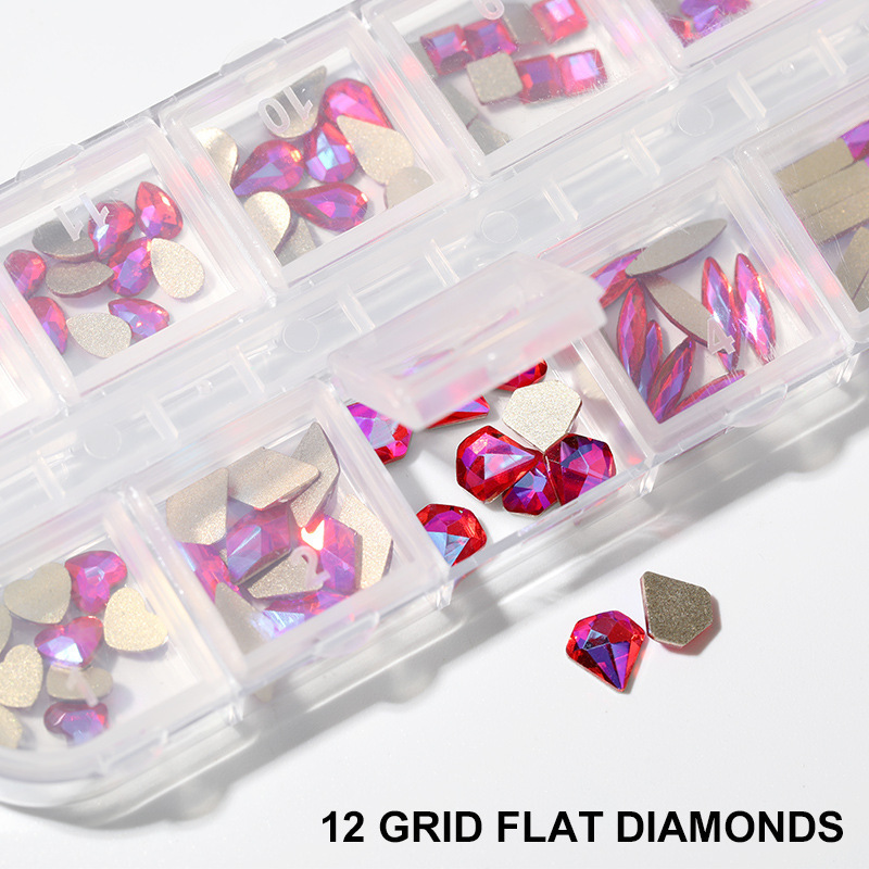 Joyería de uñas 12 rejilla mixta K9 plana en forma especial Temperatura de diamante Elf color mágico especial en forma de diamantes de imitación joyería de uñas al por mayor