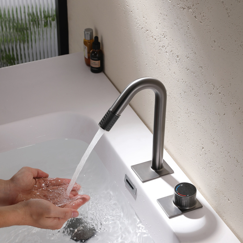 All-Copper Three-Hole Basin Gold Contemporary Bathroom Split Faucet Bathroom Washbasin Hot and Cold Faucet