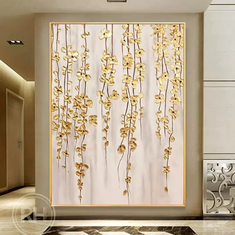 纯手绘油画花卉抽象装饰画沙发背景墙挂画高级感金箔画大芬村油画