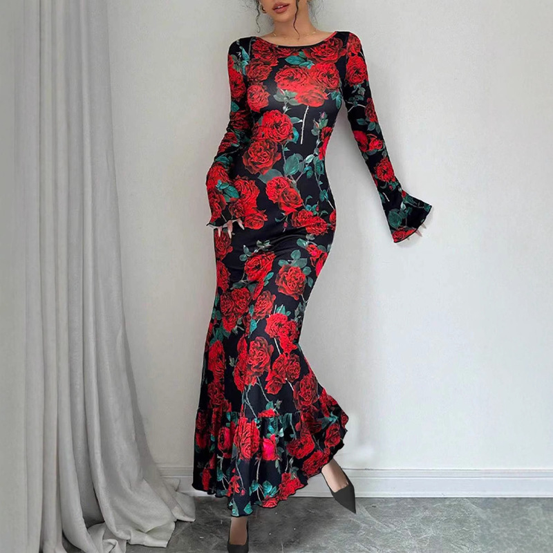 Spring and Autumn New Cross-Border European and American Round Neck Elegant Slim Long Skirt Rose Floral Flared Sleeve Hip Covering Dress
