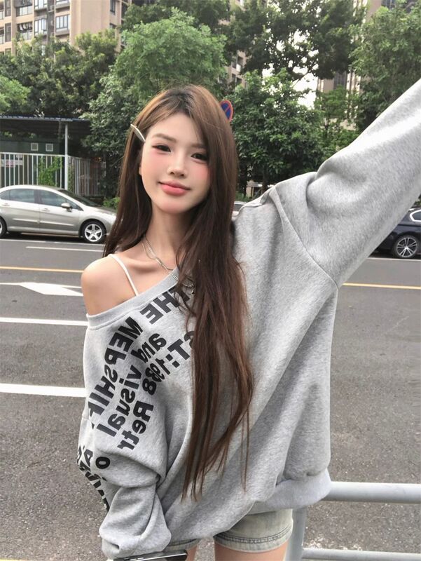 美式辣妹斜肩长袖t恤卫衣女早秋季2025新款宽松慵懒风设计感上衣|undefined