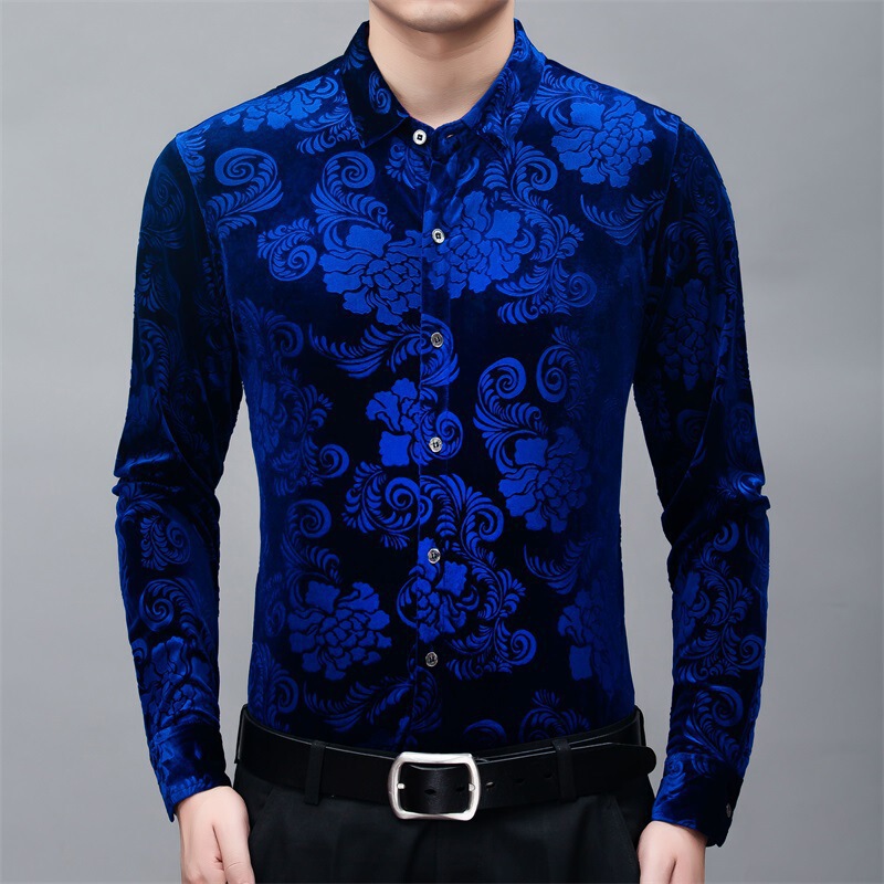 Middle-aged and elderly men's long sleeve gold velvet shirt dragon pattern dad loose shirt flower Cardigan a minimum order