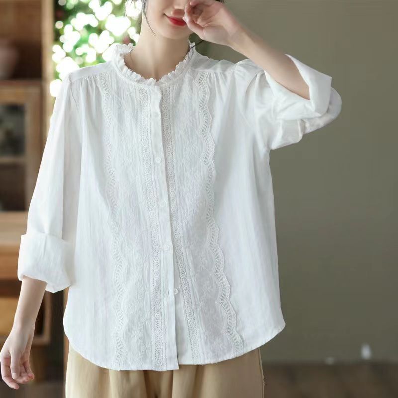Artistic Sweet Lace Cotton Shirt Women's Spring Loose plus size Lace Collar Age-reducing Slimming Elegant Top