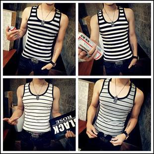 Vest Men's Fashionable Brand Summer Pure I-Shaped Sports Sleeveless T-Shirt Hurdle Tight Waistband Striped Slim-Fit Fitness