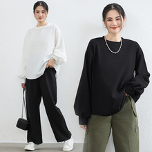 金韩日韩系春秋休闲宽松圆领华夫格灯笼袖长袖卫衣慵懒风圆领包邮