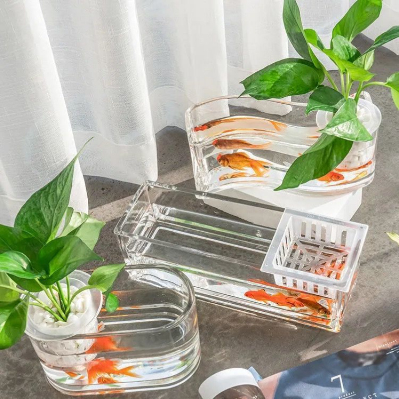 创意长方形玻璃鱼缸加厚小型桌面迷你缸斗鱼孔雀鱼缸家用客厅