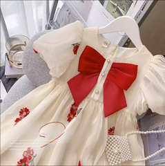 女童連衣裙2023新款洋氣兒童夏季泡泡袖蝴蝶結公主裙女孩刺繡裙子