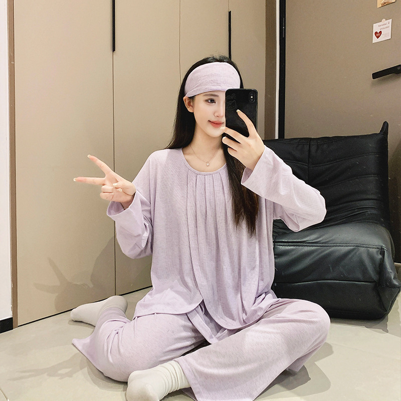 Xiyue Summer New Modal Long-Sleeve Cool Maternity Wear for Postpartum and Nursing, Includes Headband