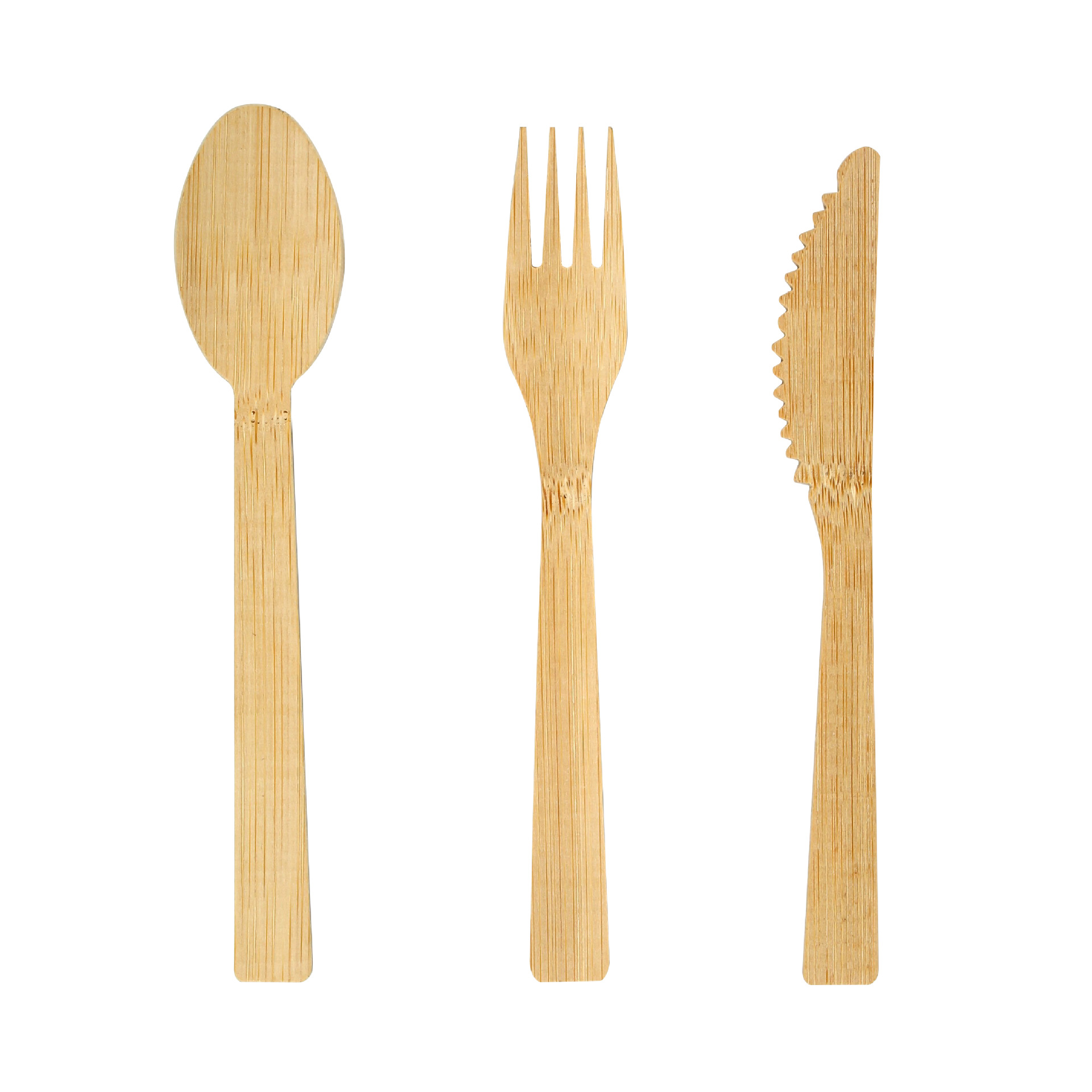 Cuchillo desechable de bambú, tenedor y cuchara de madera de bambú sin pintura sin cera vajilla occidental portátil 17CM conjunto de tres piezas grabado LOGO al por mayor